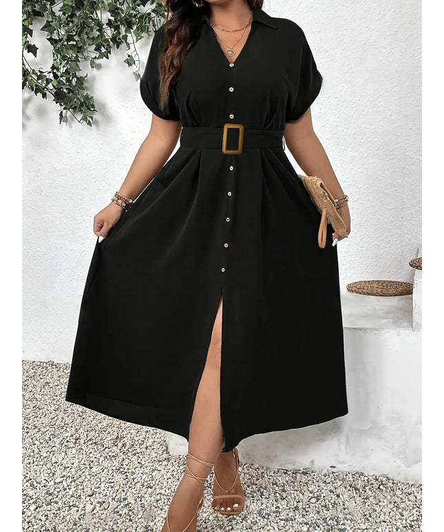 jkthpu-45 Casual Short Sleeve Midi Dress with Belt - Elegant Solid Color, Button-Up Lapel Collar for Women - Perfect for Spring/Summer/Fall