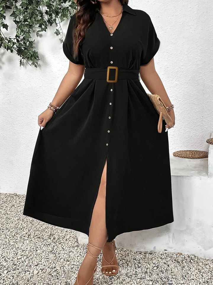 Casual Short Sleeve Midi Dress with Belt - Elegant Solid Color, Button-Up Lapel Collar for Women - Perfect for Spring/Summer/Fall