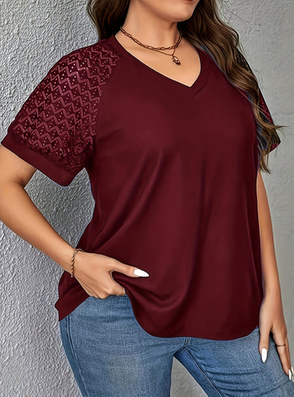 Purple Short Sleeve Elegant V-Neck Women's Plus Size T-Shirt - Contrast Lace Detail, Polyester Knit Fabric, 180gsm - Casual Top for Spring/Summer with Black Text "HANDMADE