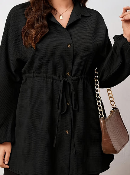 Plus Size - Plus Size, Women'S Elegant Long Sleeve Blouse - Button-Front Shirt with Drawstring Waist, Non-See-Through Fabric for Fall/Winter, Office, Party, Everyday Outfits - Women'S Formal & Casual Tops, Winter Wardrobe, Cl