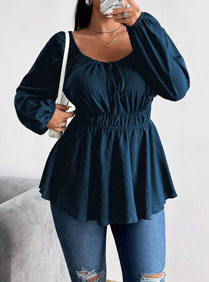 Plus Size - Plus Size - Plus Size - Women'S Plus Size Navy Blue Blouse with Front Drawstring & Ruffled Sleeves - Casual Keyhole Neckline, Long Sleeve, Non-Stretch Fabric, Perfect for Casual Attire, Casual Wear Blouse | Ruffle