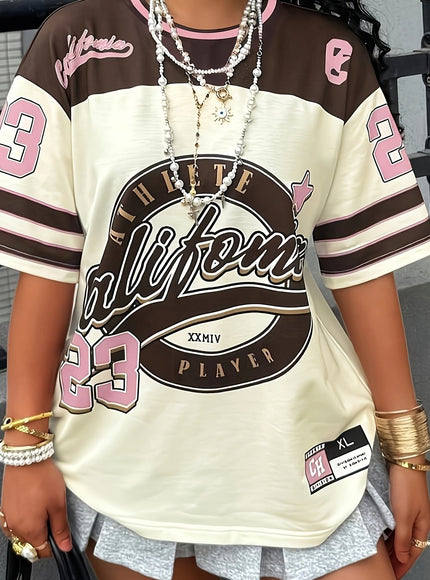 Plus Size - Plus Size Fashionable Gentleman'S Trendy! American Letter T-Shirt, White and Blue Eye-Catching, Slogans and Numbers, Leading Street Trend