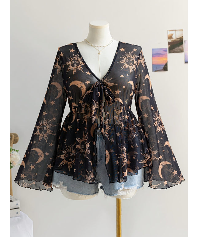 jkthpu-45 Celestial Vibes Plus Size Sheer Bell Sleeve Top