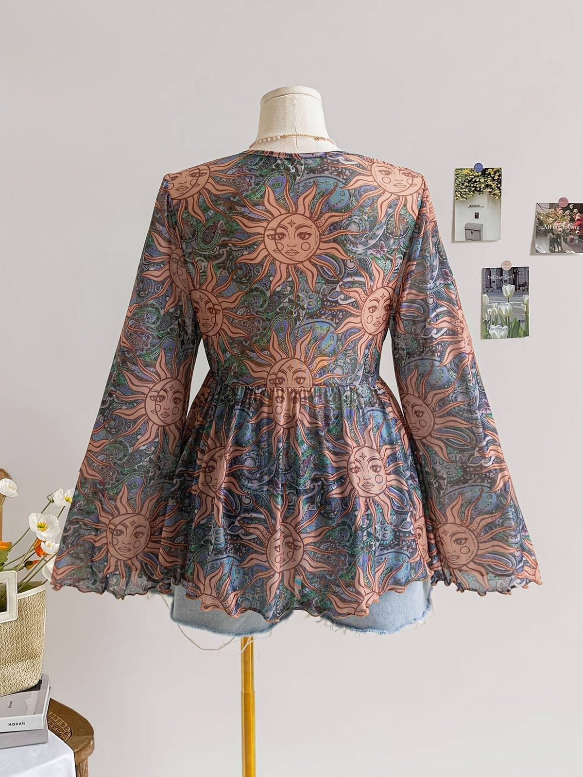 jkthpu-45 Celestial Vibes Plus Size Sheer Bell Sleeve Top