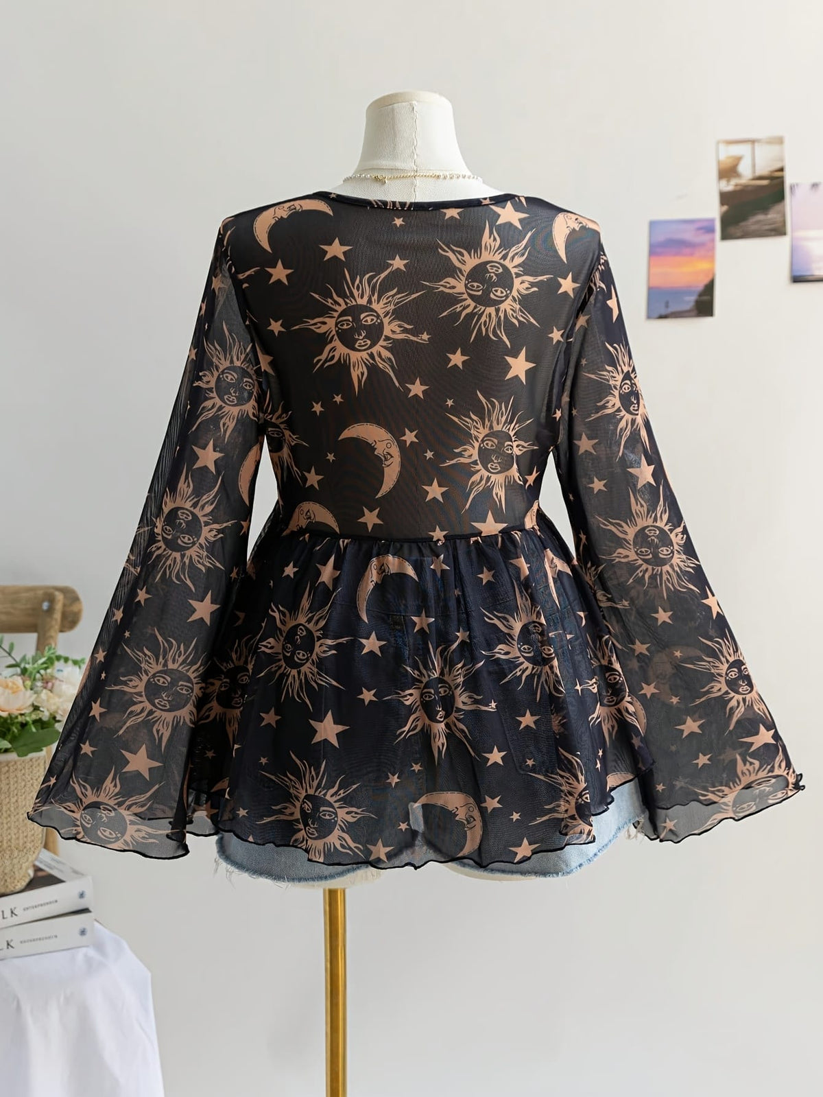 jkthpu-45 Celestial Vibes Plus Size Sheer Bell Sleeve Top