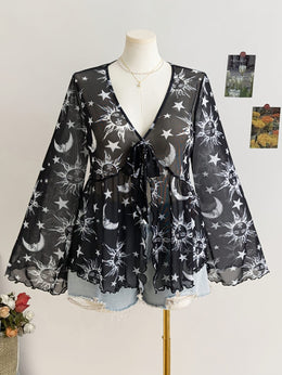 jkthpu-45 Celestial Vibes Plus Size Sheer Bell Sleeve Top