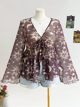 jkthpu-45 Celestial Vibes Plus Size Sheer Bell Sleeve Top