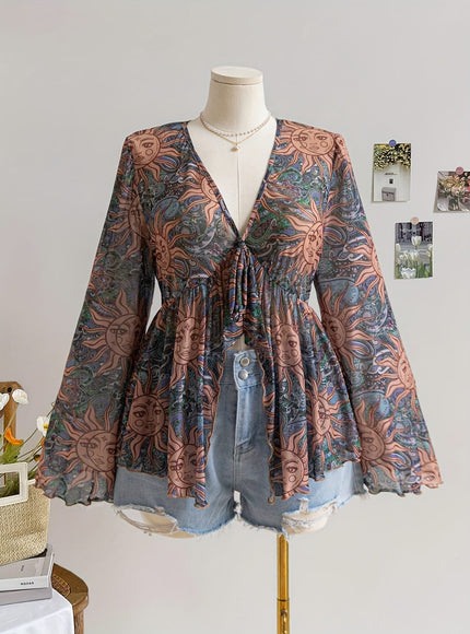 jkthpu-45 Celestial Vibes Plus Size Sheer Bell Sleeve Top