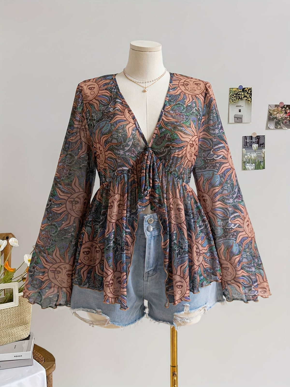 jkthpu-45 Celestial Vibes Plus Size Sheer Bell Sleeve Top
