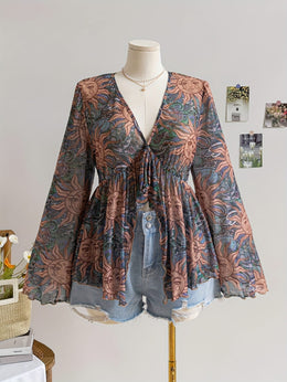 jkthpu-45 Celestial Vibes Plus Size Sheer Bell Sleeve Top
