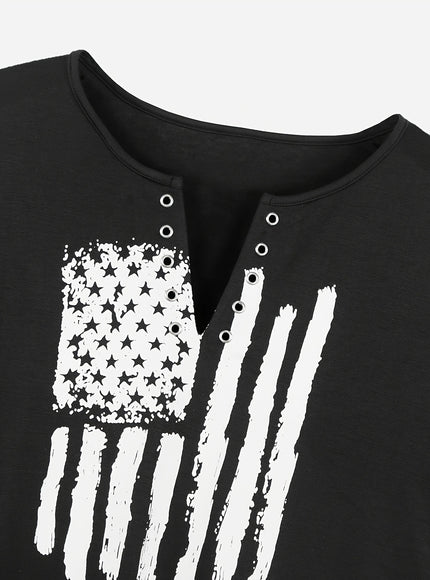 Plus Size Casual T-shirt, Women's Plus Flag Print Grommet Short Sleeve Notched Neck Medium Stretch T-shirt
