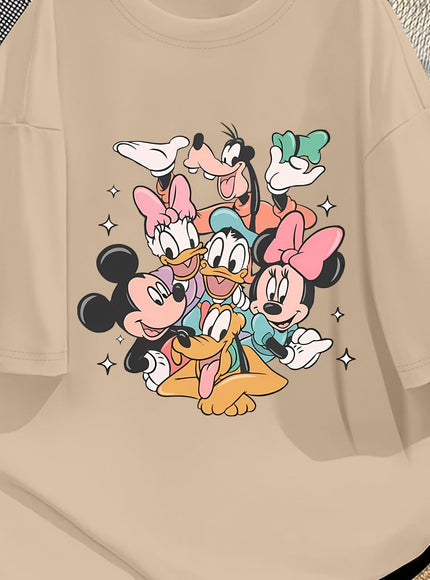 Disney Official Women's Summer New Arrival Oversized Fashionable Mickey Mouse & Friends Cartoon Print Casual Round Neck T-Shirt, Machine Washable Loose Fit Fun Design Comfort Fabric for Home and Outing Wear