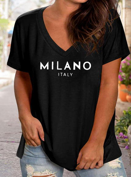 Plus Size Women's V-Neck Short Sleeve T-Shirt - Milano Italy Graphic Print Casual Comfort Fit, Breathable Fabric for Spring Summer Fall, Machine Washable Everyday Essential, Transitional Weather Clothing, Nontransparent Mater