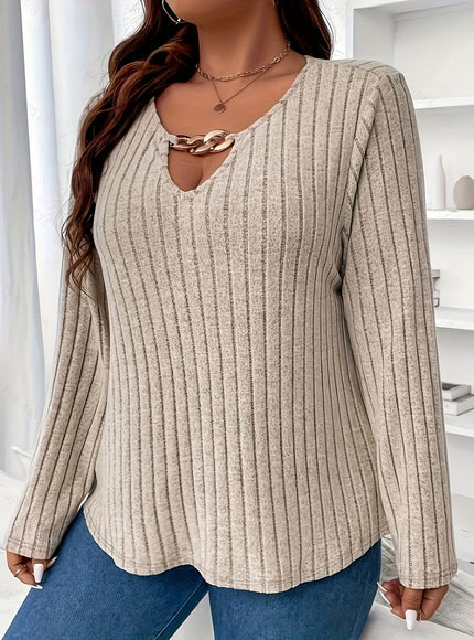 jkthpu-45 [Chain Details] Elegant V-Neck Knit Pullover | Polyester