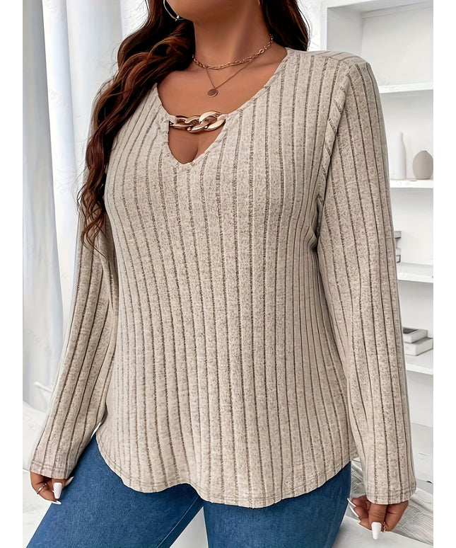 jkthpu-45 [Chain Details] Elegant V-Neck Knit Pullover | Polyester