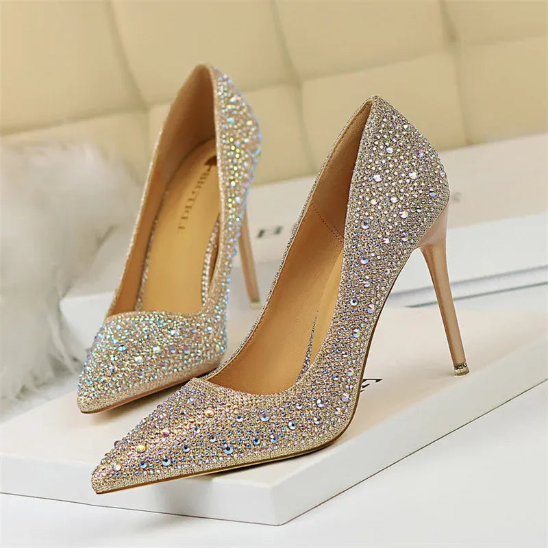 KissICON Champagne 10cm / 35 / CHINA Shallow Mouth Pointed Color Rhinestone Pumps Fashion Wedding