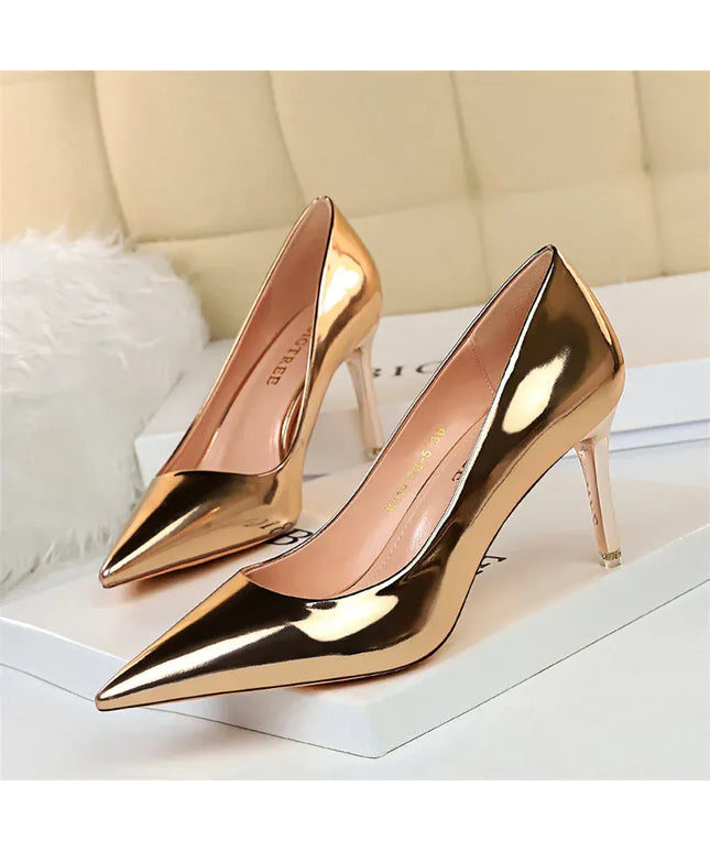 KissICON Champagne 7.5cm / 39 / CHINA Fashion Metal Women Patent Leather Shallow Mouth Thin