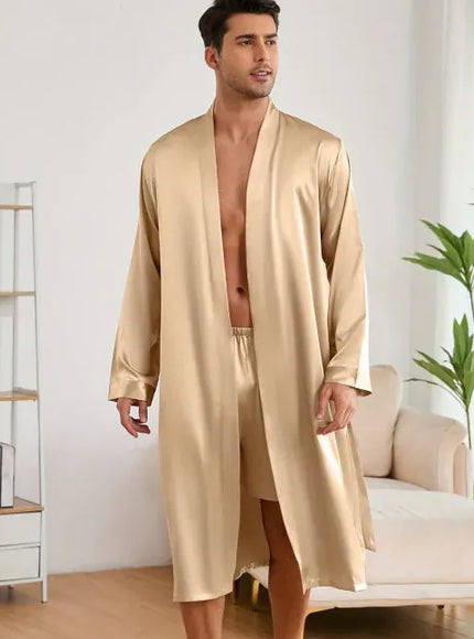 KissICON Champagne / S Mens Silk Satin Pajama Robe Set Luxe Loungewear