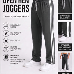 KissICON Charcoal / L Men's Striped Track Pants Casual Joggers Open Hem Athletic Sweatpants Comfortable Loose Fit Gym Running Trousers with Side Pockets | S to XXL sizes available UK