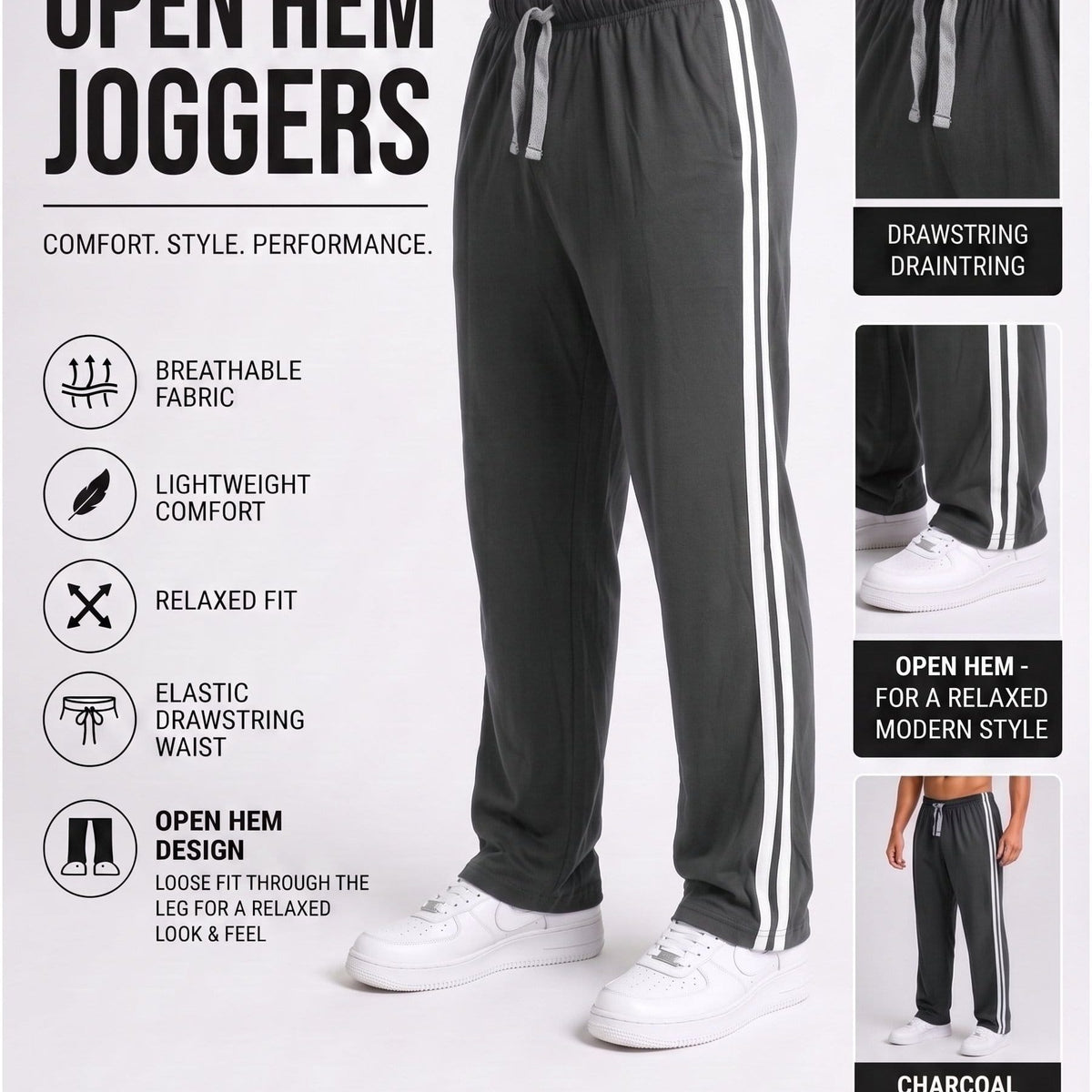 KissICON Charcoal / S Men's Striped Track Pants Casual Joggers Open Hem Athletic Sweatpants Comfortable Loose Fit Gym Running Trousers with Side Pockets | S to XXL sizes available UK