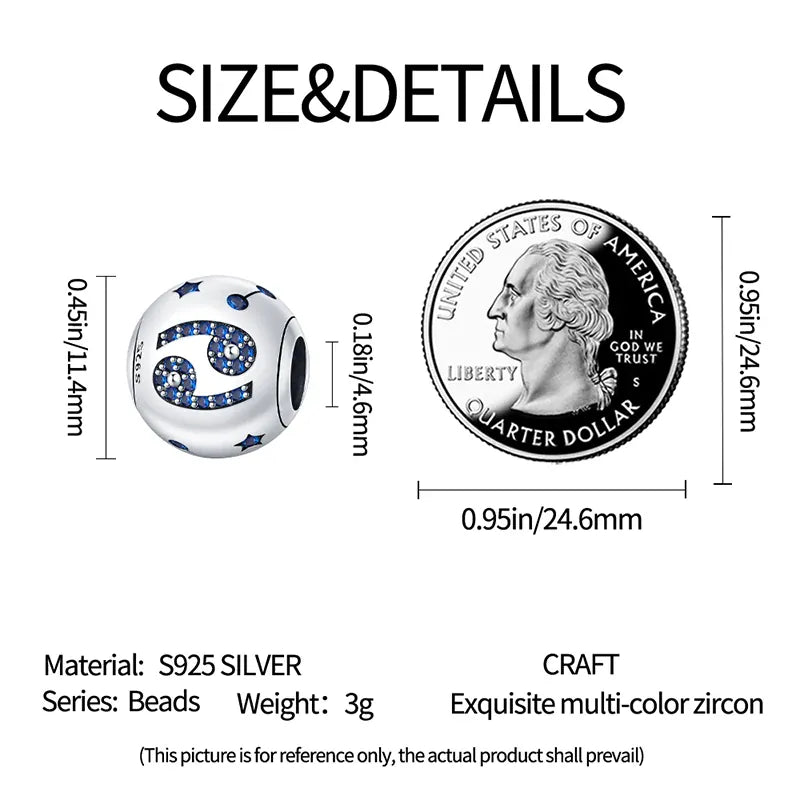KissICON Charm Plata 925 Original 12 constellation beads Water, Earth, Fire and wind round bead charm Fit 3MM 925 bracelet key chain