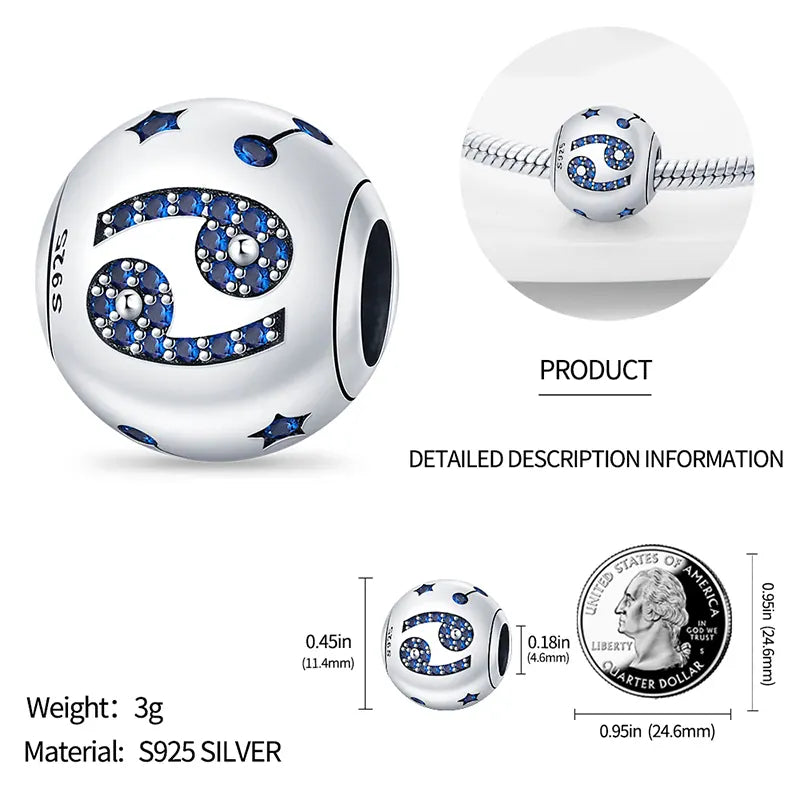KissICON Charm Plata 925 Original 12 constellation beads Water, Earth, Fire and wind round bead charm Fit 3MM 925 bracelet key chain