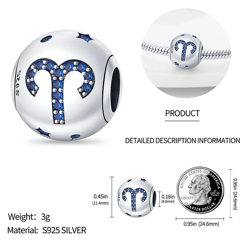 KissICON Charm Plata 925 Original 12 constellation beads Water, Earth, Fire and wind round bead charm Fit 3MM 925 bracelet key chain