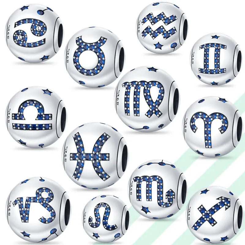 KissICON Charm Plata 925 Original 12 constellation beads Water, Earth, Fire and wind round bead charm Fit 3MM 925 bracelet key chain