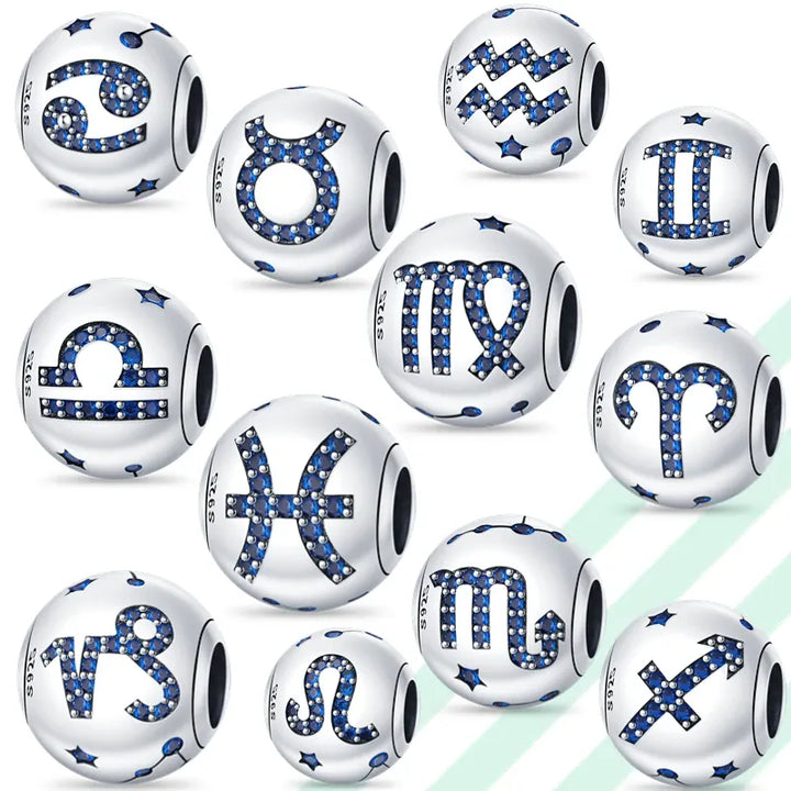 Charm Plata 925 Original 12 constellation beads Water, Earth, Fire and wind round bead charm Fit 3MM 925 bracelet key chain