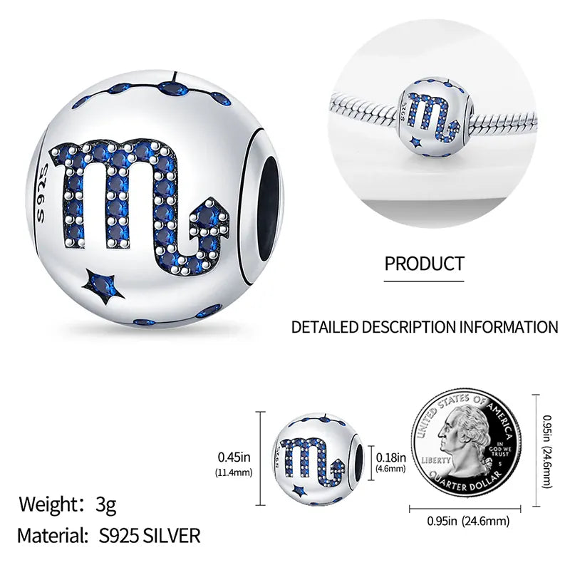 KissICON Charm Plata 925 Original 12 constellation beads Water, Earth, Fire and wind round bead charm Fit 3MM 925 bracelet key chain