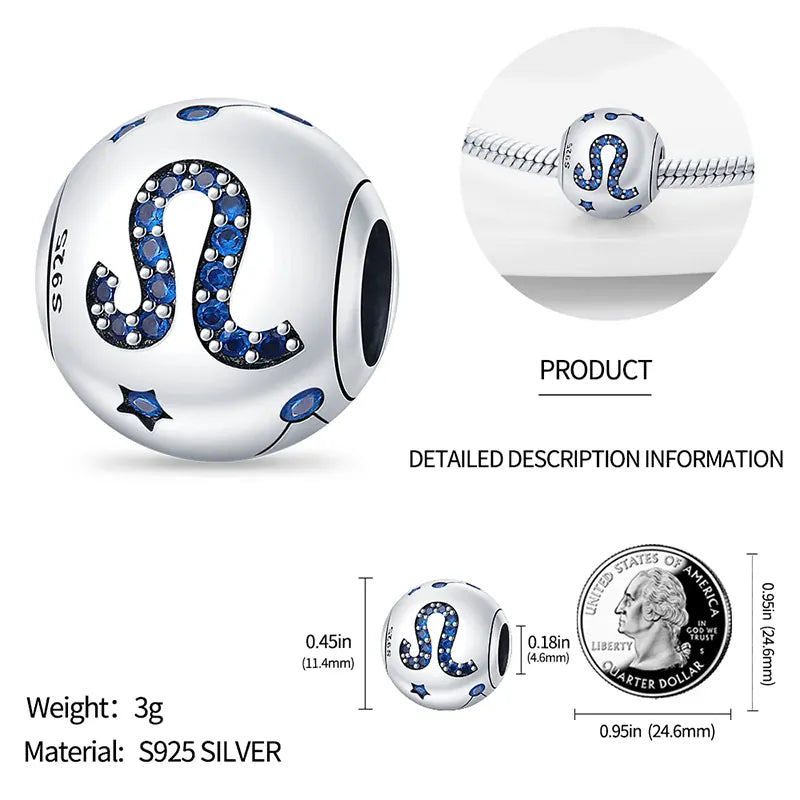 KissICON Charm Plata 925 Original 12 constellation beads Water, Earth, Fire and wind round bead charm Fit 3MM 925 bracelet key chain