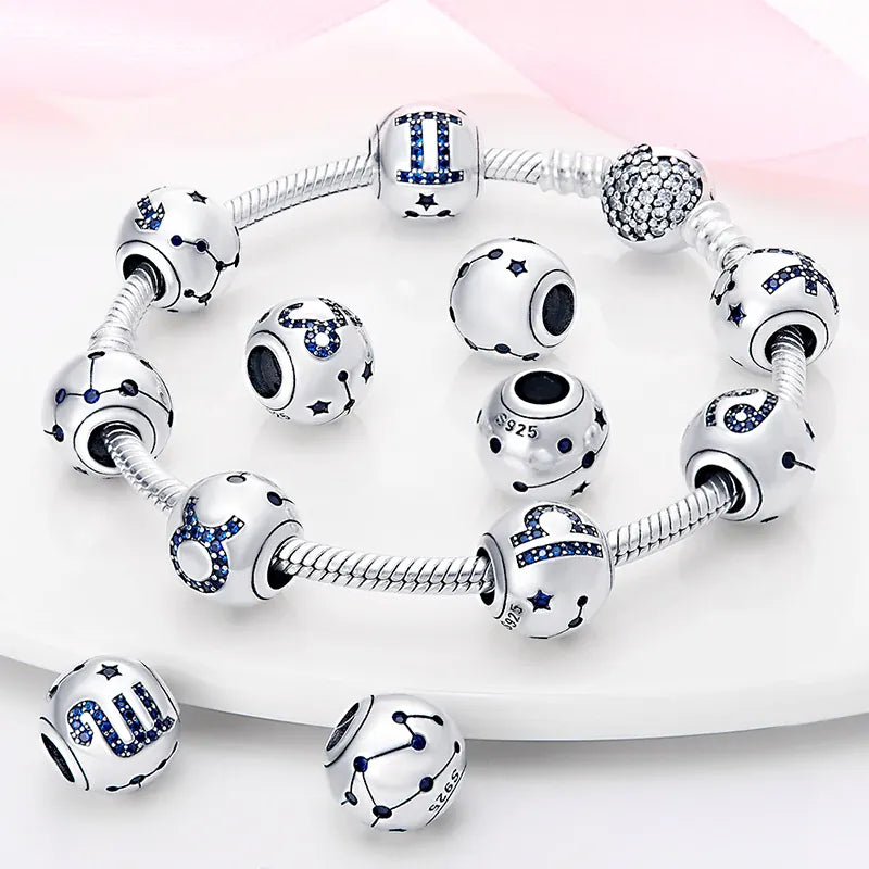 KissICON Charm Plata 925 Original 12 constellation beads Water, Earth, Fire and wind round bead charm Fit 3MM 925 bracelet key chain