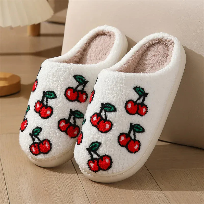KissICON cherry / 44-45 Chic Cherry Pattern Plush Slippers Women 2025 Indoor