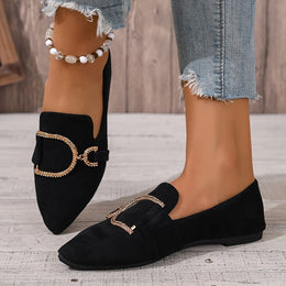 jkthpu-45 Chic Black Pointed Flats with Golden Buckle AllSeason Comfort