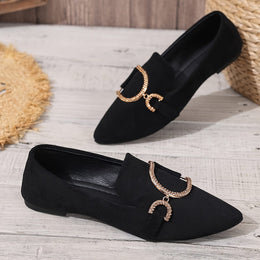 jkthpu-45 Chic Black Pointed Flats with Golden Buckle AllSeason Comfort