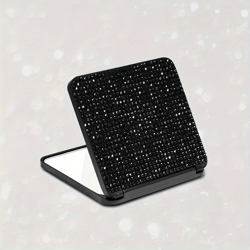 jkthpu-45 Chic Black Square Folding Mirror Sparkling Rhinestone Folding Makeup Mirror  Portable DualSided Beauty