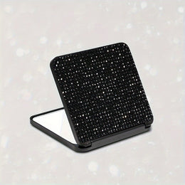 jkthpu-45 Chic Black Square Folding Mirror Sparkling Rhinestone Folding Makeup Mirror  Portable DualSided Beauty