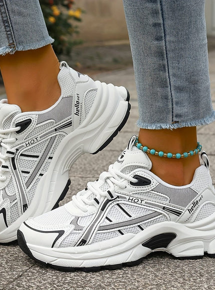 jkthpu-45 Chic Black White Mesh LaceUp Sneakers Comfort for Day  Light Exercise