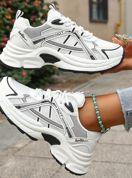 jkthpu-45 Chic Black White Mesh LaceUp Sneakers Comfort for Day  Light Exercise