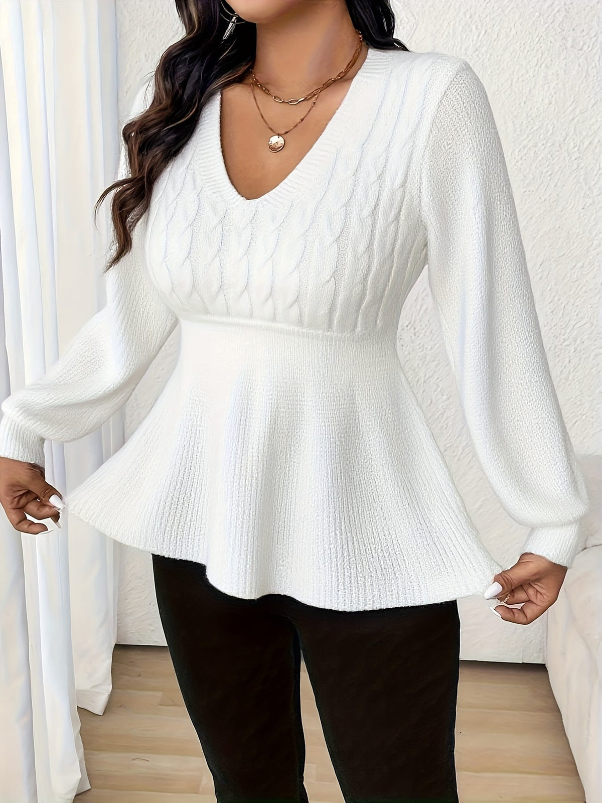 jkthpu-45 Chic Burgundy Plus Size Ruffled VNeck Cozy Sweater