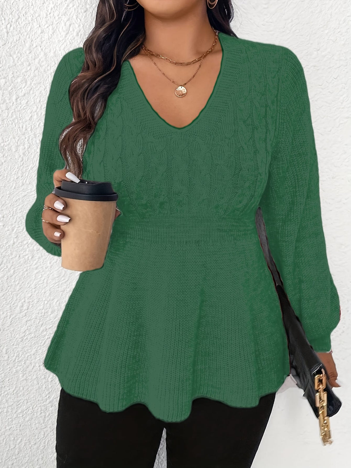 jkthpu-45 Chic Burgundy Plus Size Ruffled VNeck Cozy Sweater