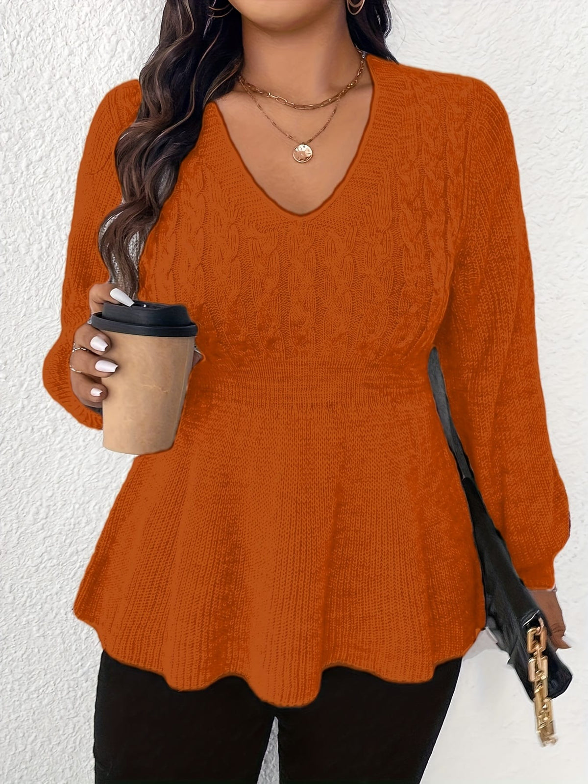 jkthpu-45 Chic Burgundy Plus Size Ruffled VNeck Cozy Sweater