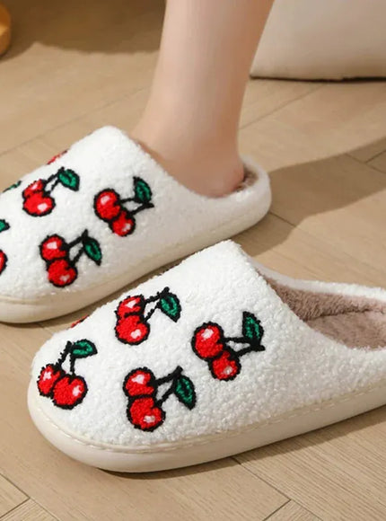 KissICON Chic Cherry Pattern Plush Slippers Women 2025 Indoor