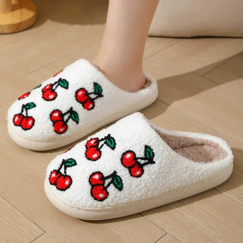 KissICON Chic Cherry Pattern Plush Slippers Women 2025 Indoor