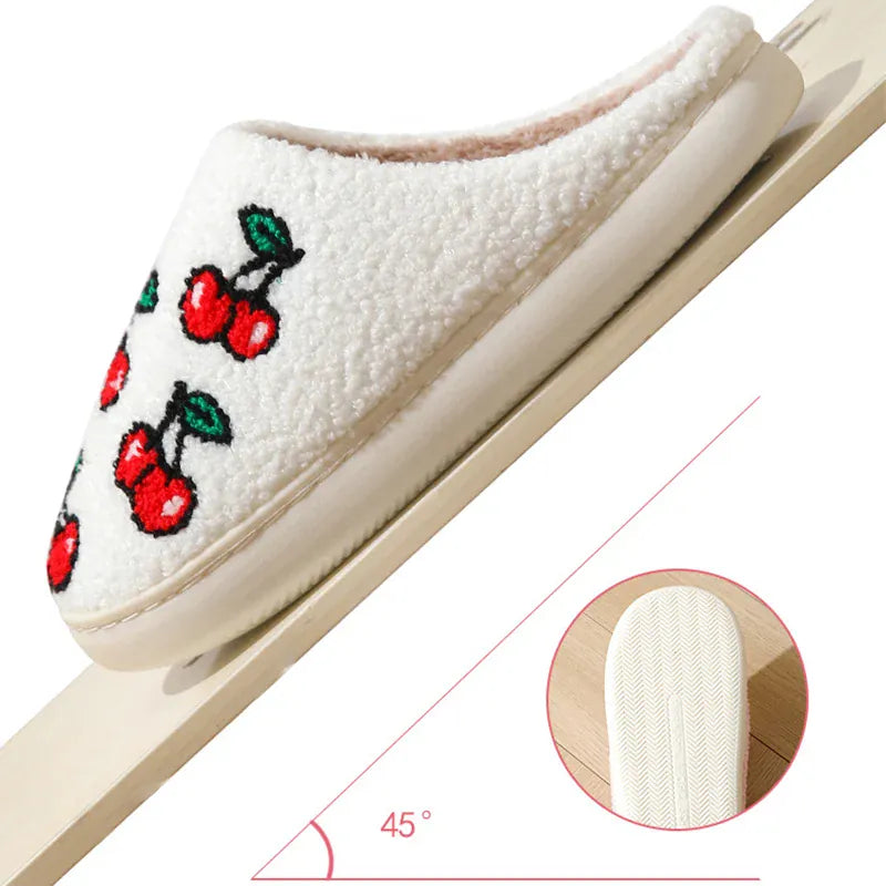 KissICON Chic Cherry Pattern Plush Slippers Women 2025 Indoor