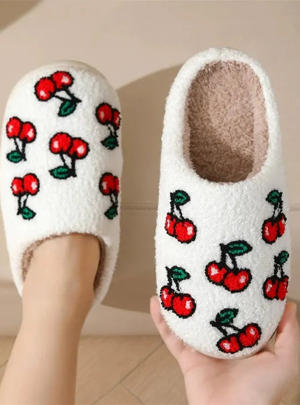 KissICON Chic Cherry Pattern Plush Slippers Women 2025 Indoor