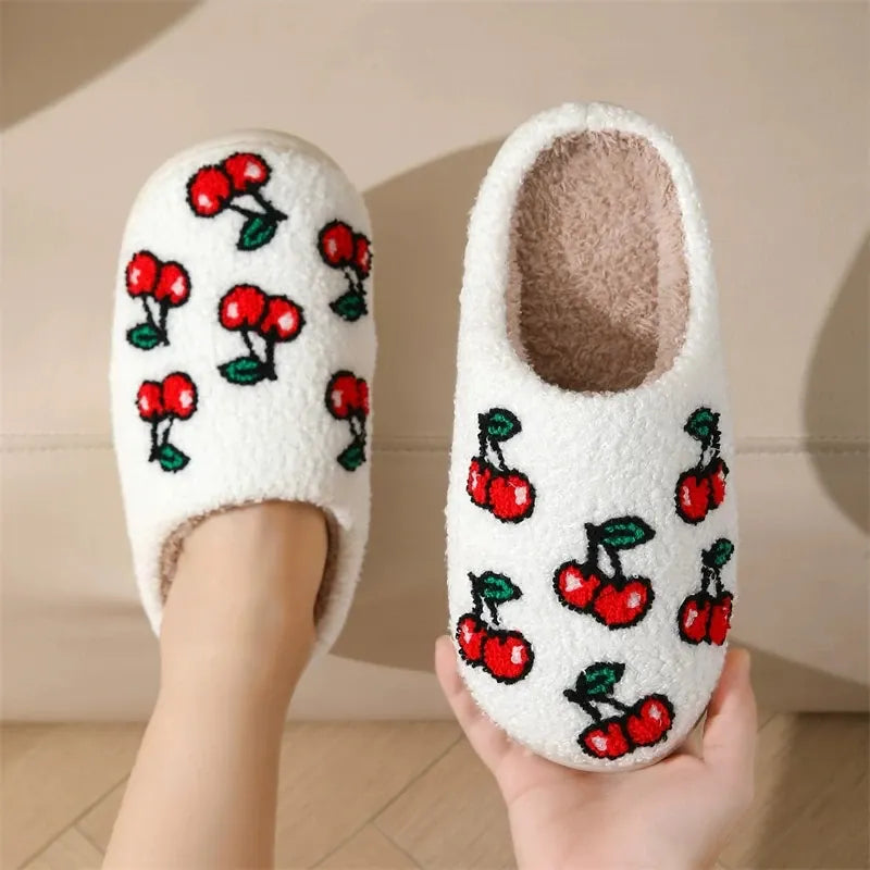 KissICON Chic Cherry Pattern Plush Slippers Women 2025 Indoor