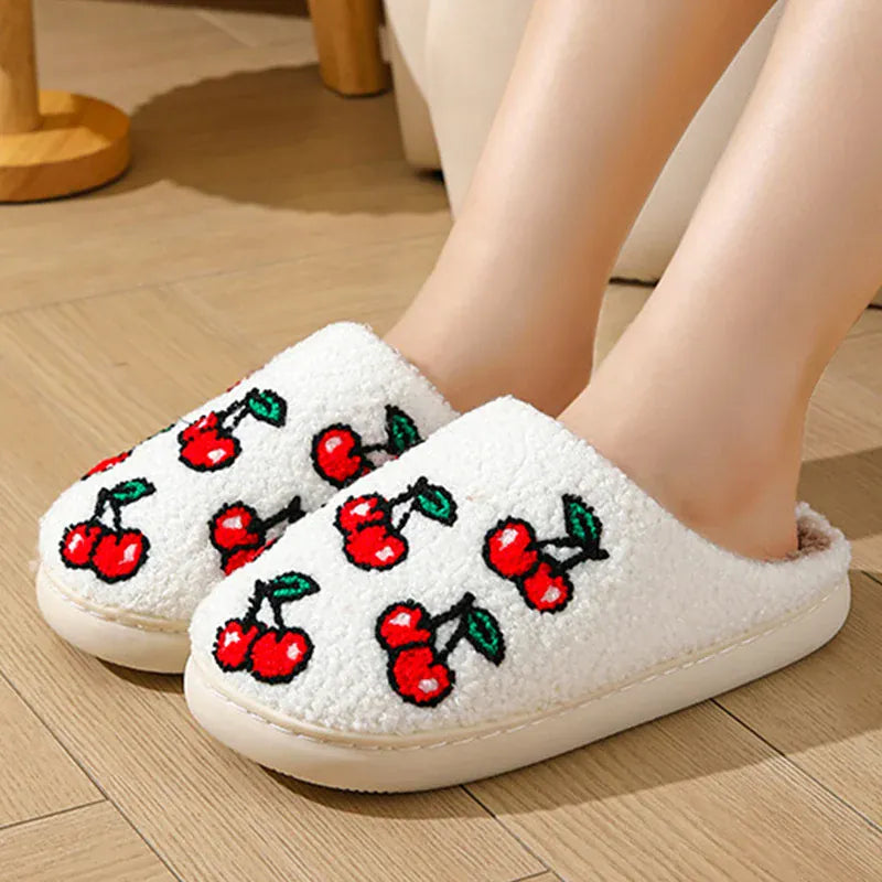 KissICON Chic Cherry Pattern Plush Slippers Women 2025 Indoor
