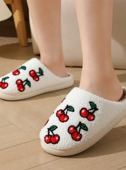 KissICON Chic Cherry Pattern Plush Slippers Women 2025 Indoor