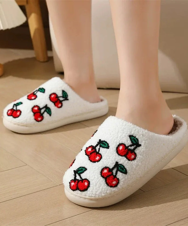 KissICON Chic Cherry Pattern Plush Slippers Women 2025 Indoor